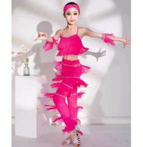 Children girls fuchsia purple fringe latin dance dresses ballroom salsa rumba tango stage performance costumes tops and pants for Girls